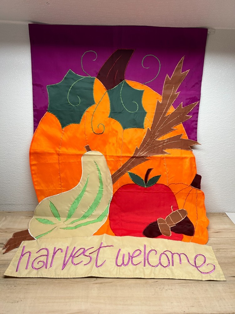 Vtg Thanksgiving Applique Harvest Welcome House Flag Outdoor Indoor 43 x 28 Inch