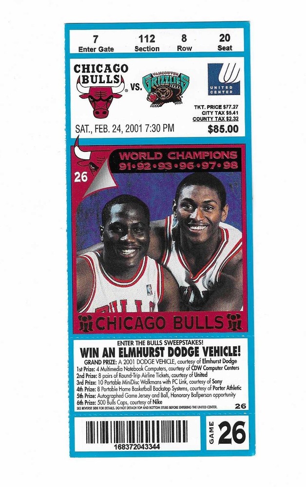 Chicago Bulls vs Vancouver Grizzlies Unused Basketball Ticket from 2/24/2001