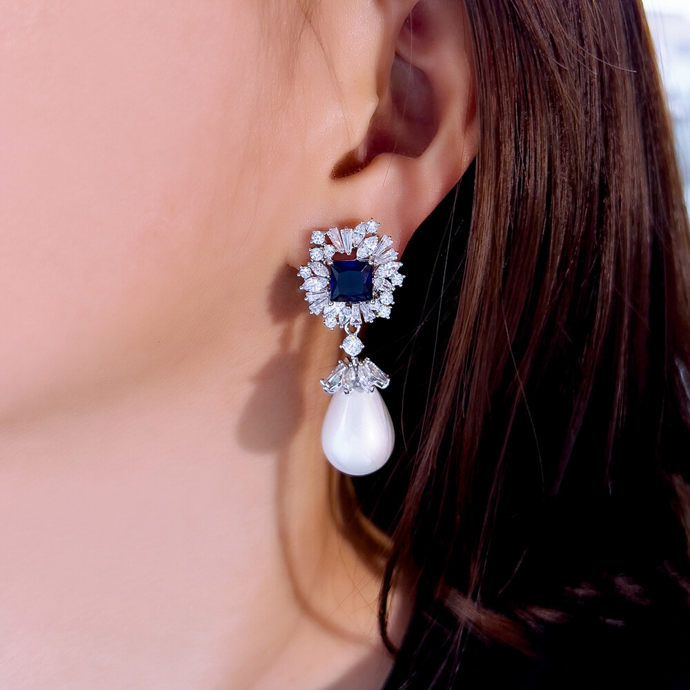 Sparkling Zircon Blue Flower Long Drop Pearl Earrings Silver Plated Wedding Gift