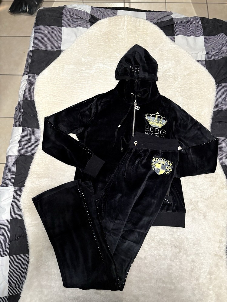 BCBG Max Azria Black Crown Embellish Velour Set Sweat Pants Hoodie Medium Y2K