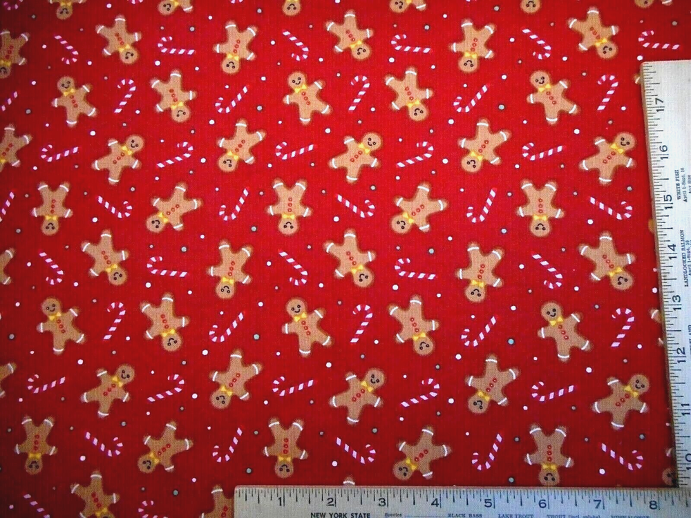 Christmas Quilt Fabric By Yard Gingerbread Men & Candy Canes on Red Cotton #39