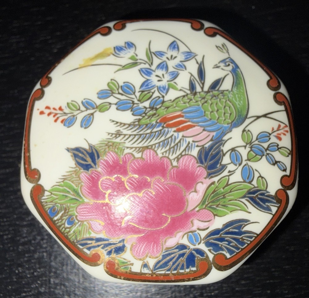 Vintage Lidded Trinket Box Shibata Japan Octagonal Peacock Peony Porcelain