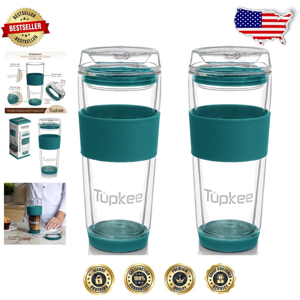 14oz Insulated Glass Travel Mug with Silicone Lid - Set of 2