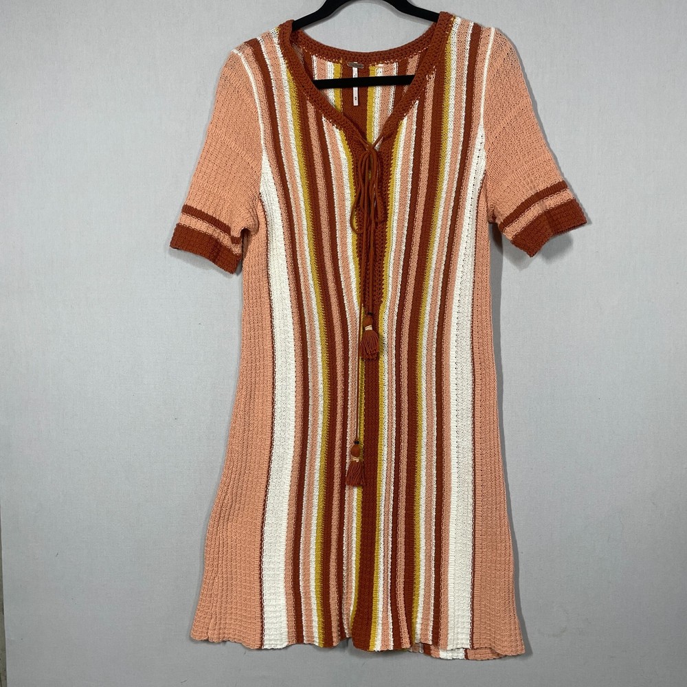 Free People Dress Women M Beige Striped Tunic Shift Boho Knit Midi Resort Casual