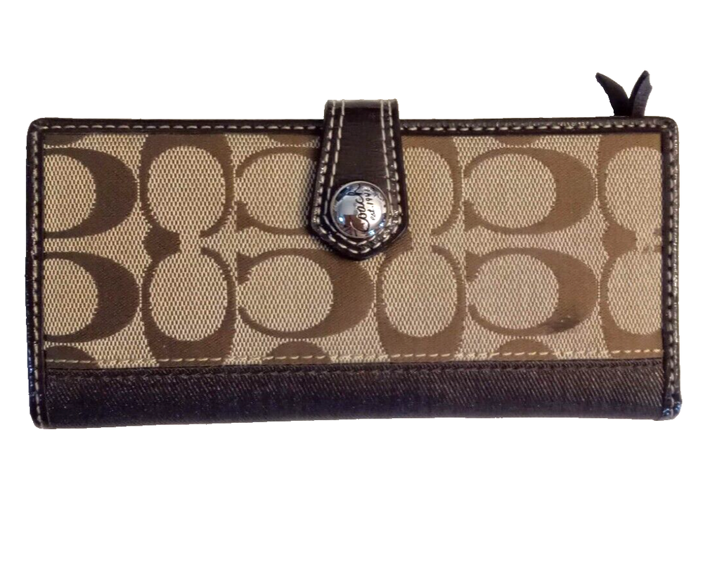 Coach Brown Signature Bifold Snap Wallet Y2K VTG Leather ID window 10 Card Slots