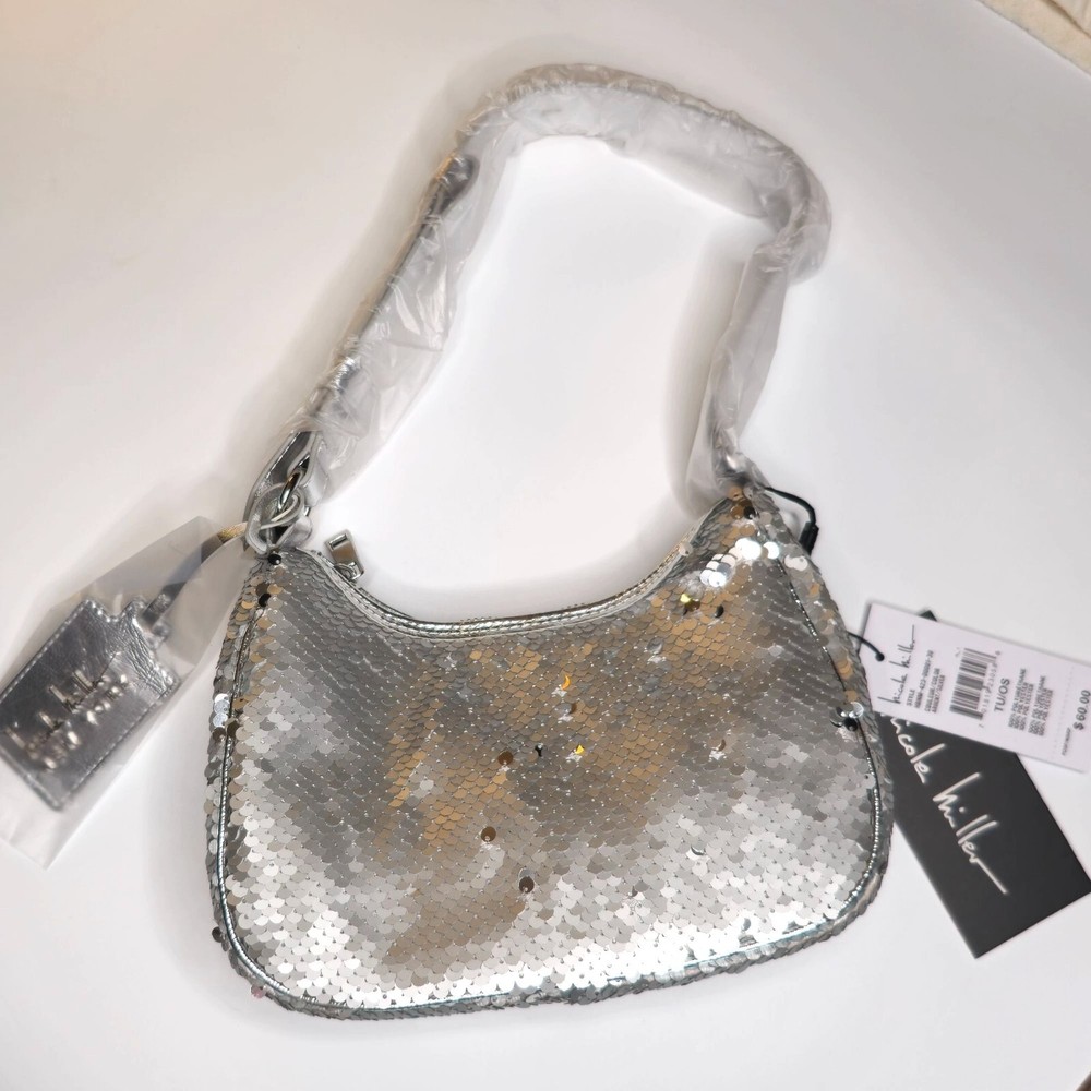 Nicole Miller Mermaid Silver Sequin Shoulder Bag 8x6 Adjustable Strap Fashion