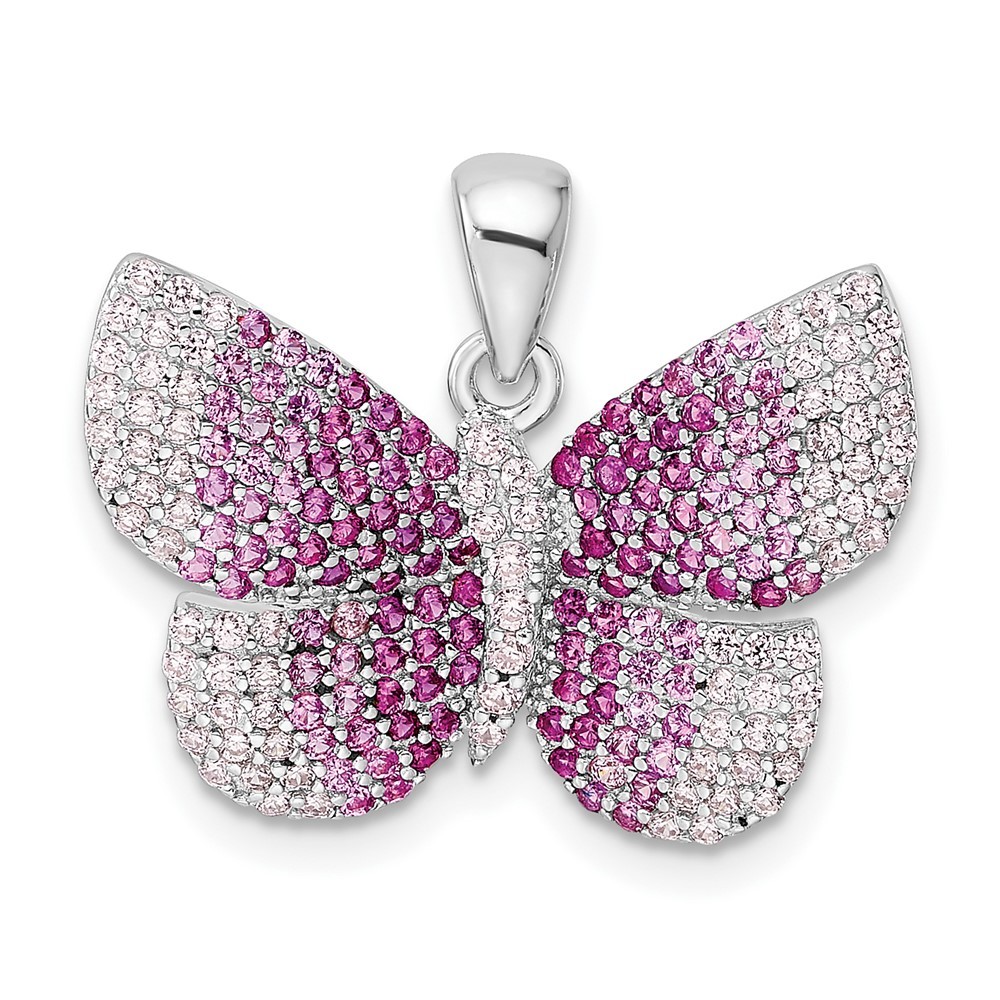 Sterling Silver Rhodium-plated Polished Pink Cubic Zirconia Butterfly Pendant