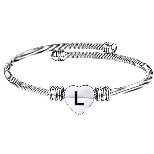 Stainless Steel Heart Word-L Bracelet Engraved Charm Bracelet for Women Silver