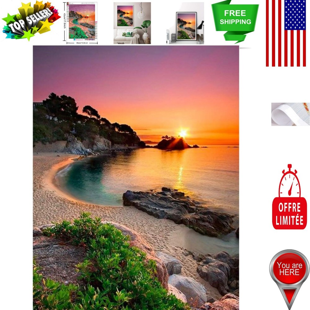 DIY 5D Diamond Painting Kit - Beach Sunrise Art for Home Decor (16x12 in)