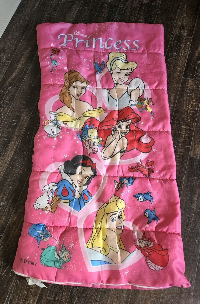 VINTAGE Disney Pink Princess Sleeping Bag Kids Belle Cinderella Ariel Snow White