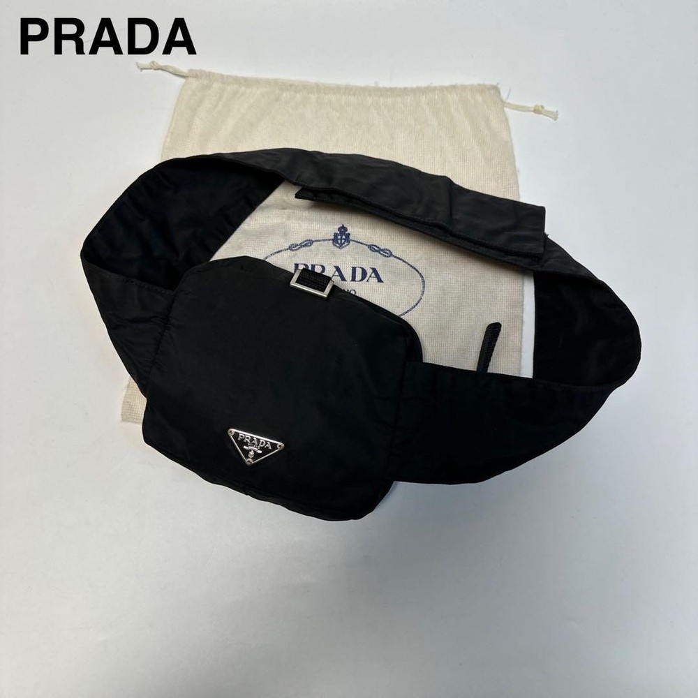 Prada Black Nylon Waist Bag with Triangle Logo Shoulder Strap Japan Import