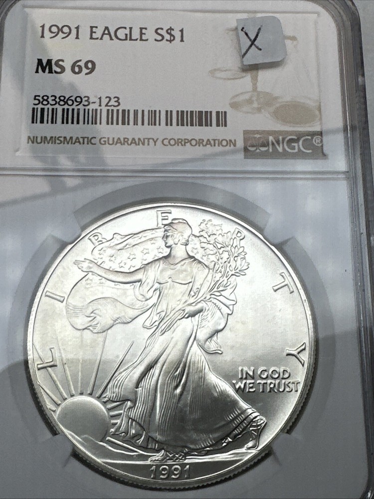 1991 $1 SILVER EAGLE NGC MS69 CLASSIC BROWN LABEL 0.999 Fine Silver No Spots