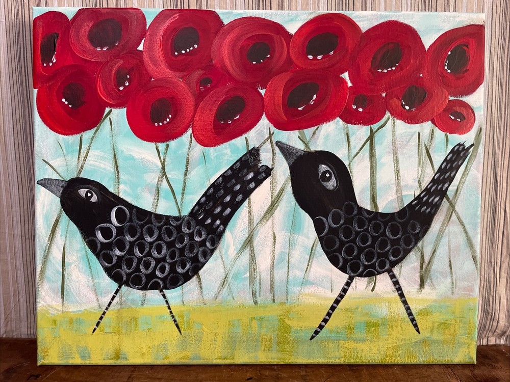 2 Crows Poppies OOAK Folk Art  16 X 20X 3/4” Wrapped Canvas  Annette Harford