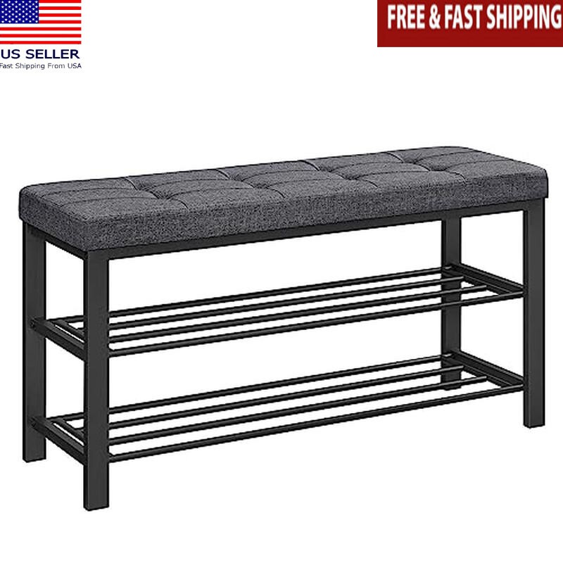 Storage Bench W/ Cushion Shoe Organizer Entryway Seating 2-Tier Space-Saving New