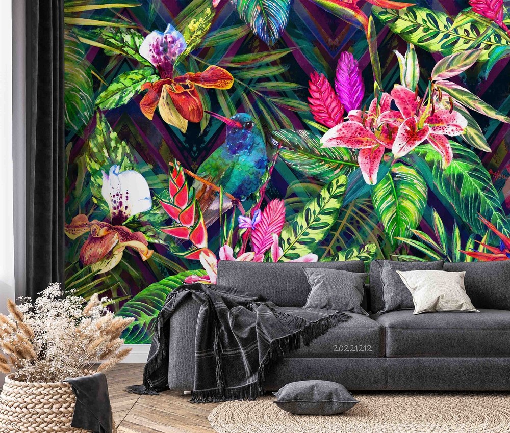 3D Tropical Pink Floral Green Leaves Wall Murals Wallpaper Murals Wall Sticker