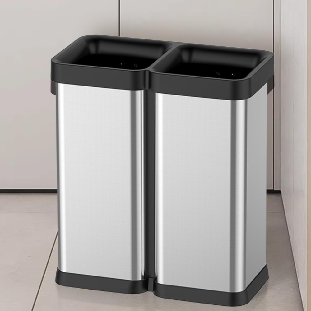 2 x 8 Gallon Dual-Bin Open Top Trash Can, Dual Compartment Garbage Can for Wa...
