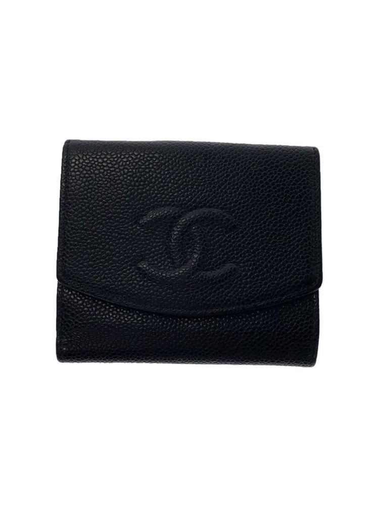 CHANEL Bi-Fold Compact Wallet A13496 Coco Mark Caviar Leather Black Pre-Loved