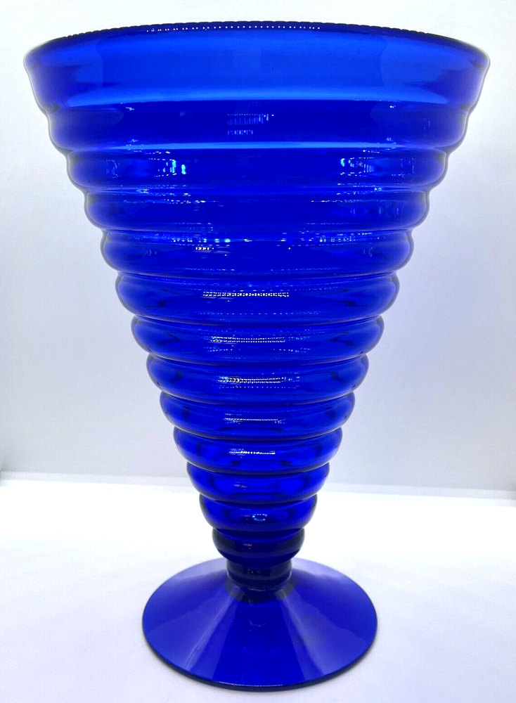 Blenko Handcrafted Cobalt Blue Ribbed Pedestal Vase Midcentury Art Glass