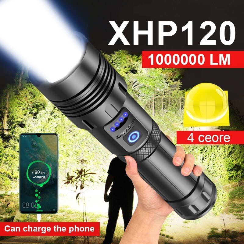 Super XHP70 LED Flashlight – High-Power Rechargeable Tactical Torch for Camping