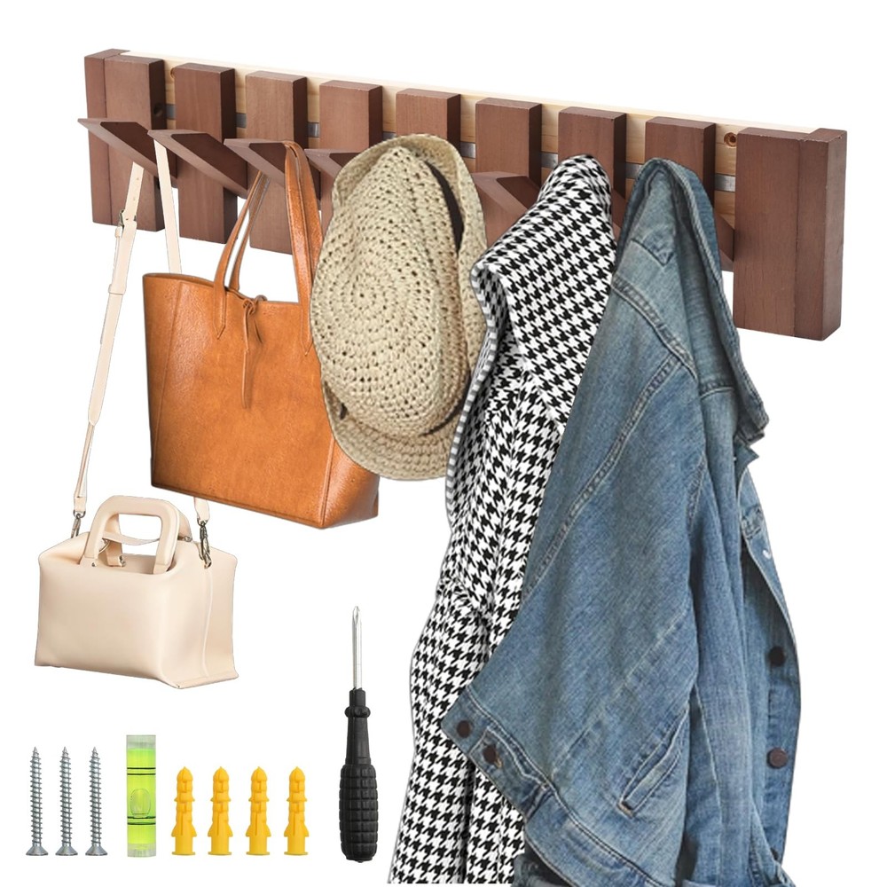 Natural Wood Coat Rack, Wall Mounted Piano Coat Rack Hanger Magnetic Flip Dow...