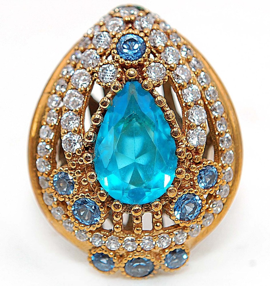 Elegant Ottoman Empire Style 4CT Aquamarine Topaz 925 Sterling Silver Ring Size 8 HB3-3