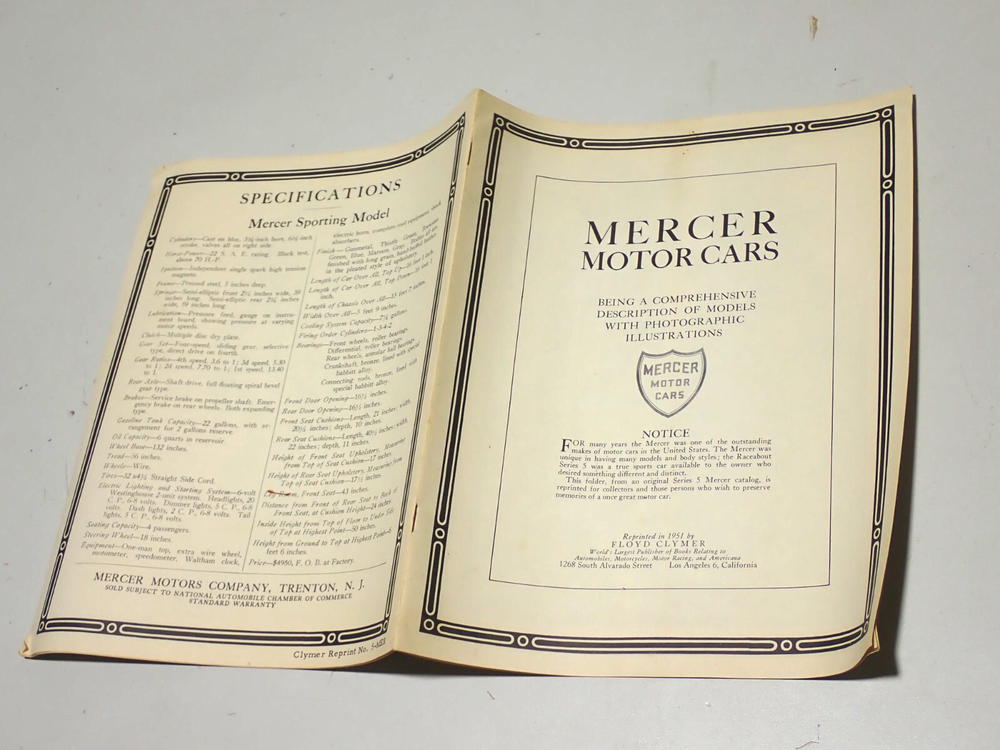 EARLY MERCER MOTOR CAR AUTO BROCHURE SALES PAMPHLET