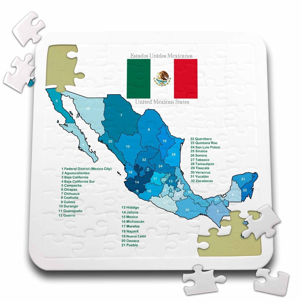 3dRose Flag and Map of Mexico with all the Mexican states identified by name 10x