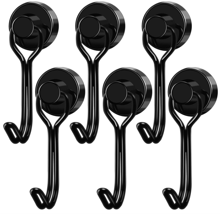 Magnetic Mug Hooks 6-Pack for Cruise Cabins Holds 30lbs Black
