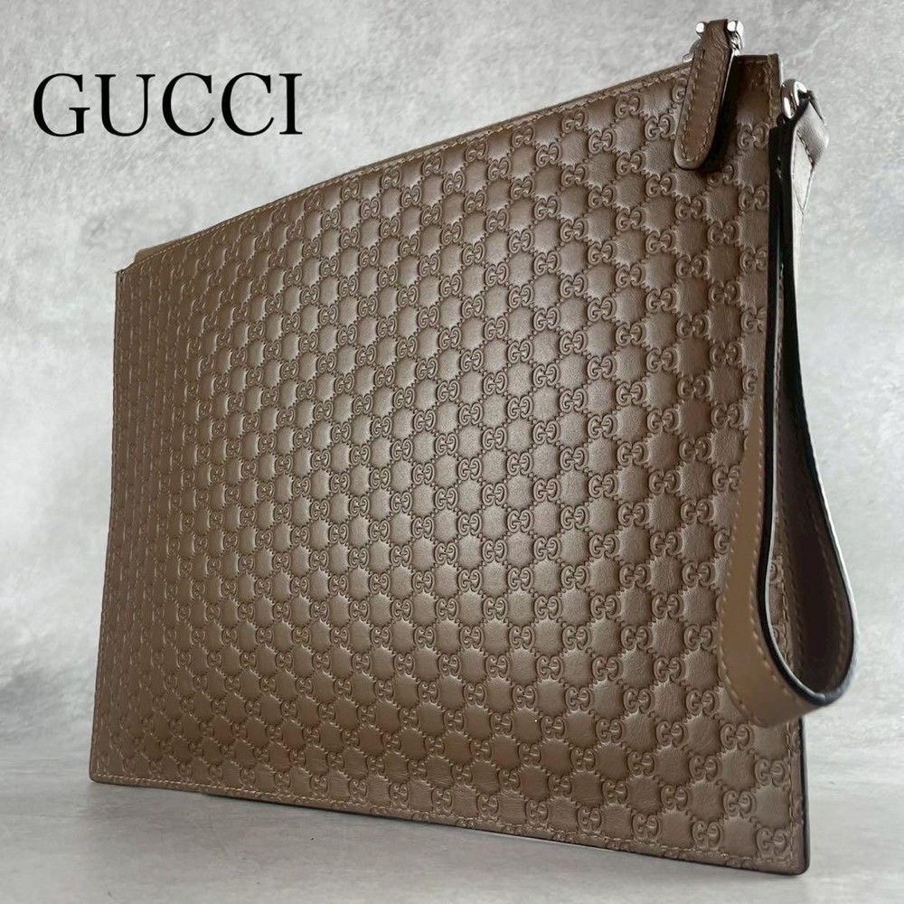 GUCCI Microsima Clutch Bag Second Bag GG Pattern Business Camel Strap