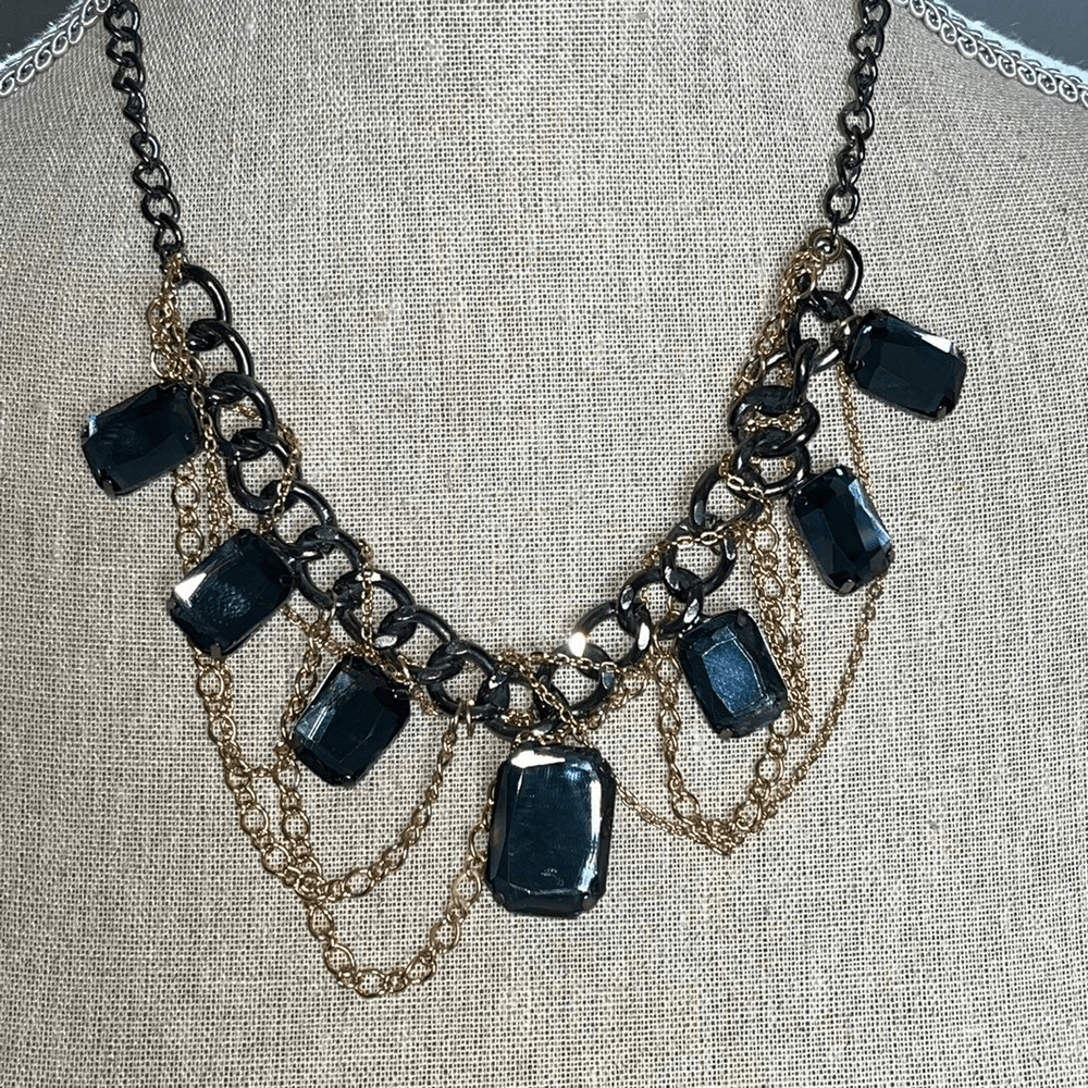 Chunky Gunmetal Chain Necklace with Seven Emerald Cut Stones  