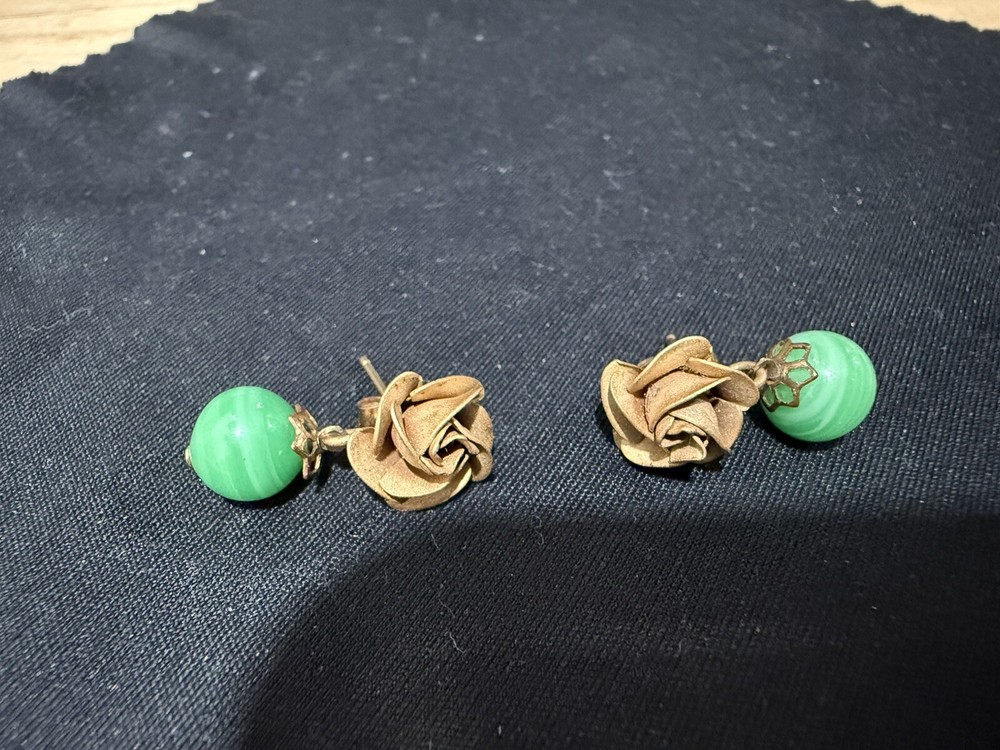 Gold Rose & Green Dangle Earrings