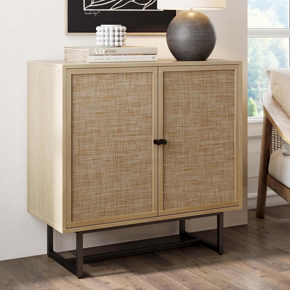 Nathan James Kova Accent Sideboard Storage Cabinet in Light Wood and Rattan with