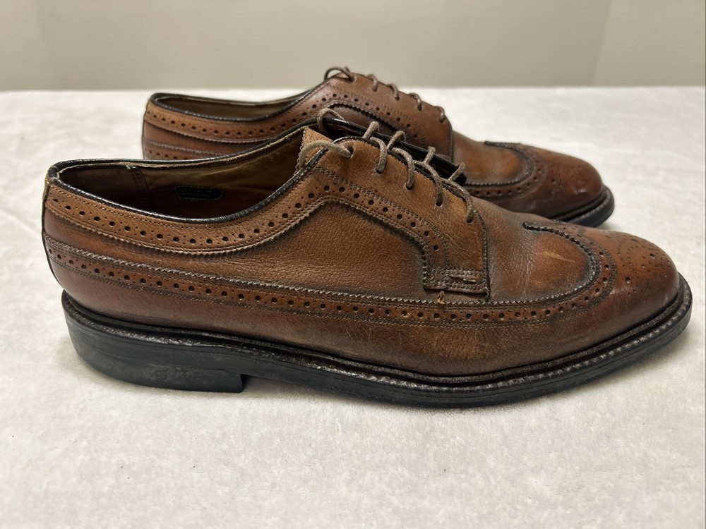 Vintage Florsheim Imperial Mens 9.5 3E Brown Leather 5 Nail Wing Tip Dress Shoes