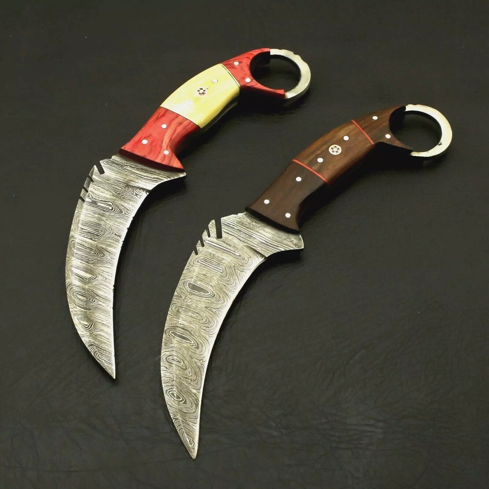 Custom Handmade Damascus Steel Karambits Bowie Survival Knife W/ Leather Sheath