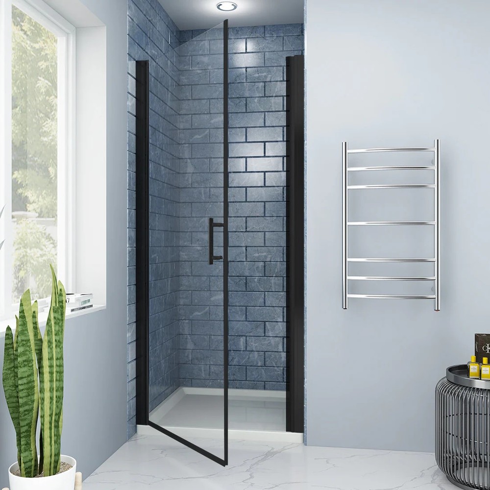 Elegant Adjustable Width Frameless Pivot Swing Shower Door Matte Black 29.5-31