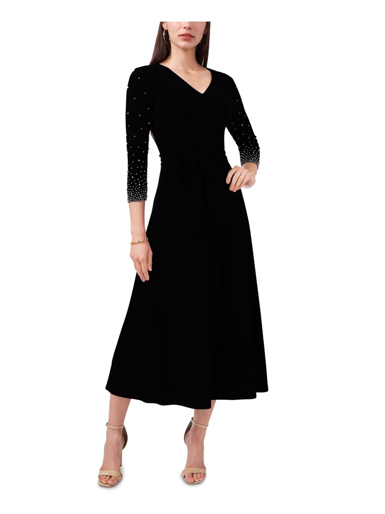 MSK Womens Black Belted Jersey Knit Pullover Unlined Midi Dress M