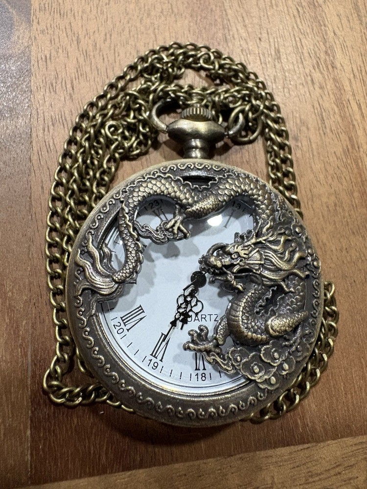 Pocket Watch Quartz Dragon Brass Mystical Asian Necklace Gift Classy Retro