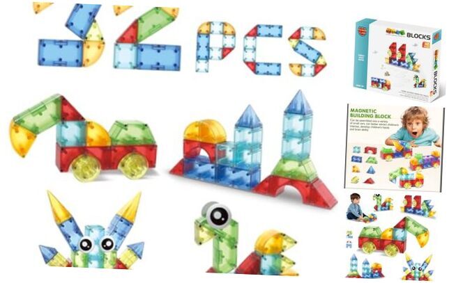 Clear Magnetic Building Blocks Toy Set 16 Different Shapes & 9 Colors 32 Pc