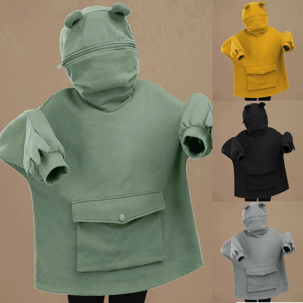 Unisex Frog Hoodie Fleece Couple Sweatshirt Plain Hooded Top  