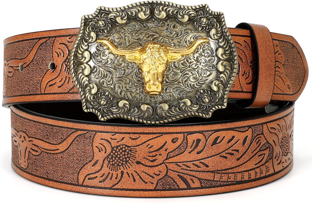 Women Men Western Belts Cowboy Cowgirl Country Belt Longhorn Bull Buckle Floral