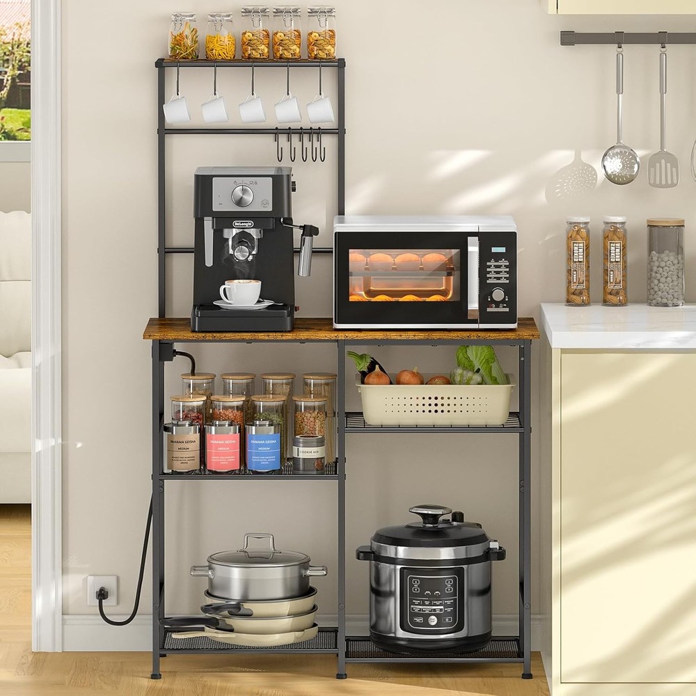 Bakers Rack with Power Outlet, Kitchen Microwave Stand with 10 S-shaped Hooks