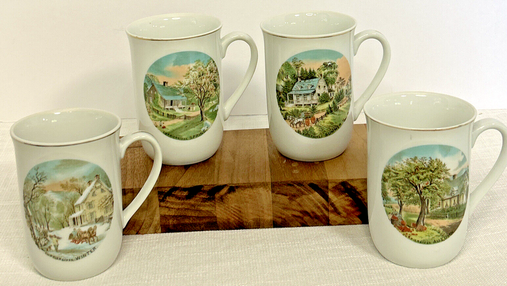 Vintage Courier & Ives Seasons Coffee Tea Mugs Set of Four (4) ~ Japan 1960's