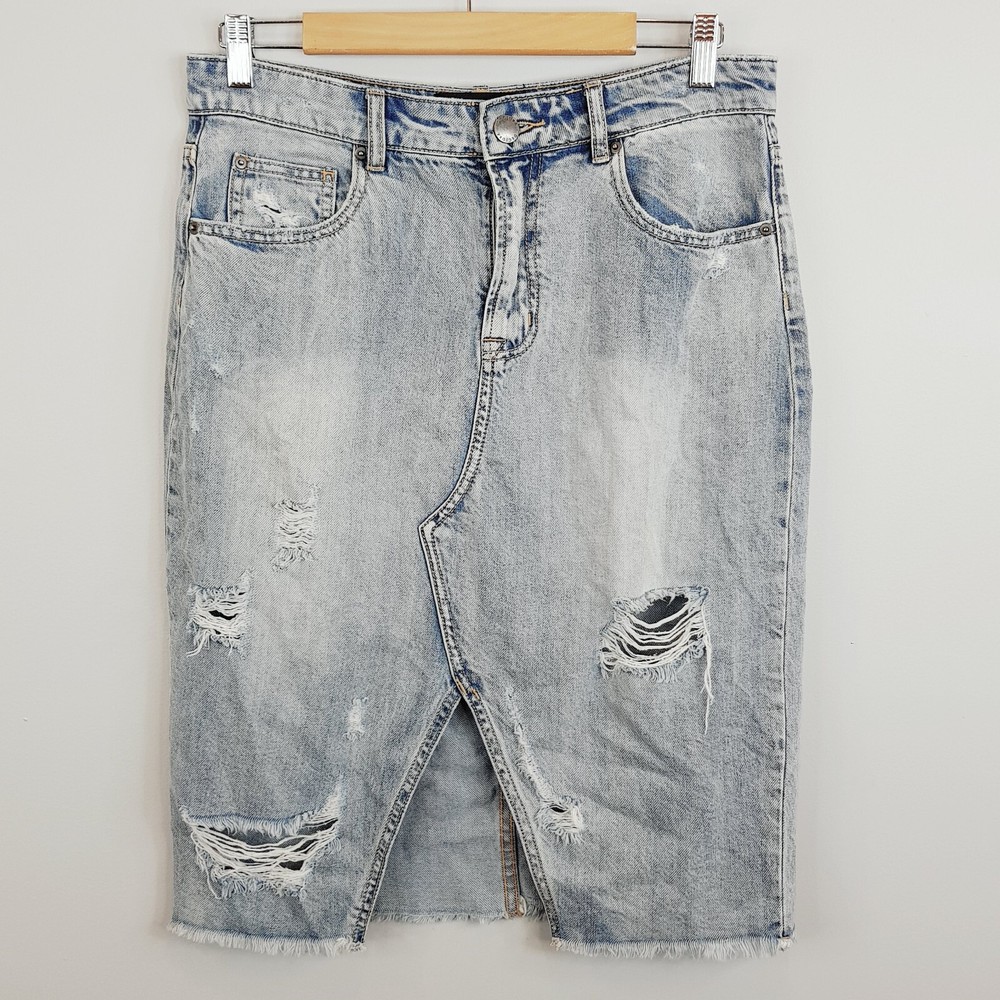 DECJUBA Womens Size 12 Blue Distressed Denim Midi Skirt