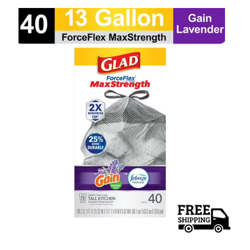 13 Gallon, Gain Glad ForceFlex MaxStrength Tall Kitchen Drawstring Trash Bags,