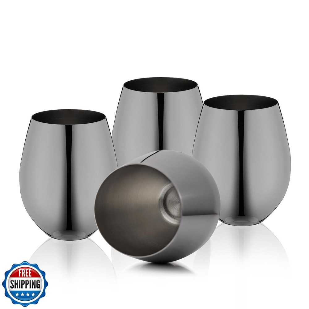 WOTOR 18oz Unbreakable Stemless Wine Glasses Set of 4 Black Stainless Steel