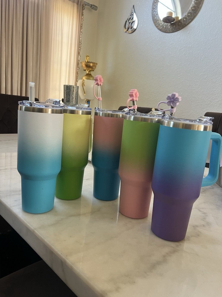 40oz Gradient Stainless Steel Travel Tumblers Set with Handle, Lid, Straw
