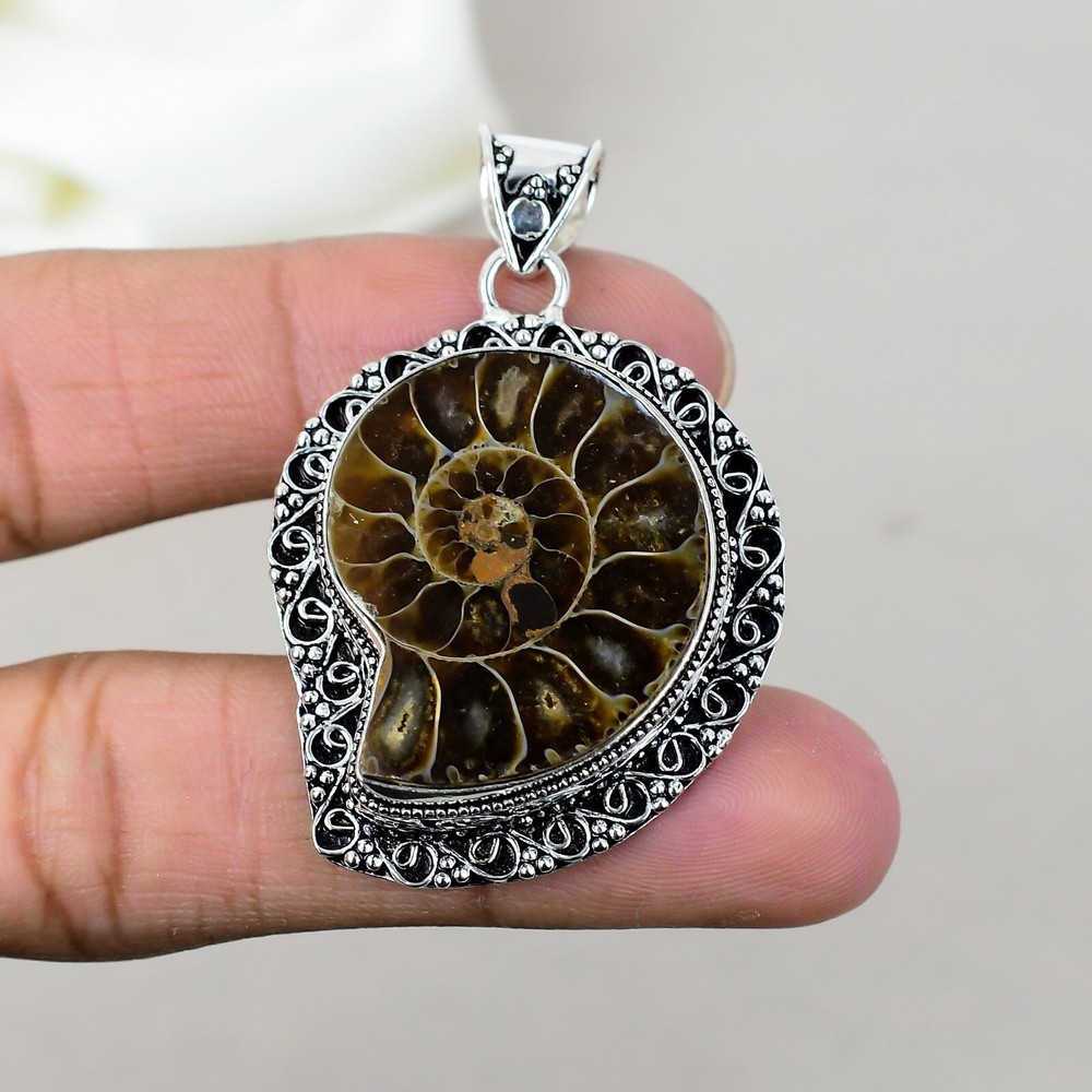 Ammonite Fossil Gemstone 925 Sterling Silver Statement Pendant Jewelry Love Gift