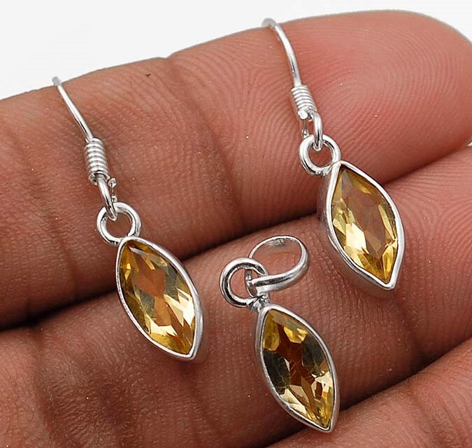 Natural Citrine 925 Sterling Silver Earrings and Pendant Jewelry Set @19-5