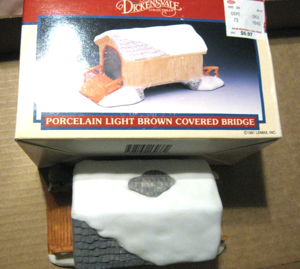 1991 Lemax Porcelain Light Brown Covered Bridge Collectible in Original Box