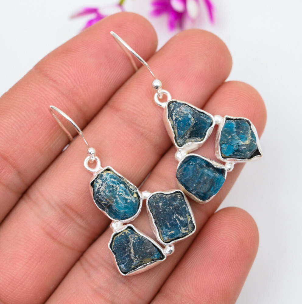 Neon Blue Apatite Sterling Silver Drop Earrings Handmade Jewelry Gift for Her